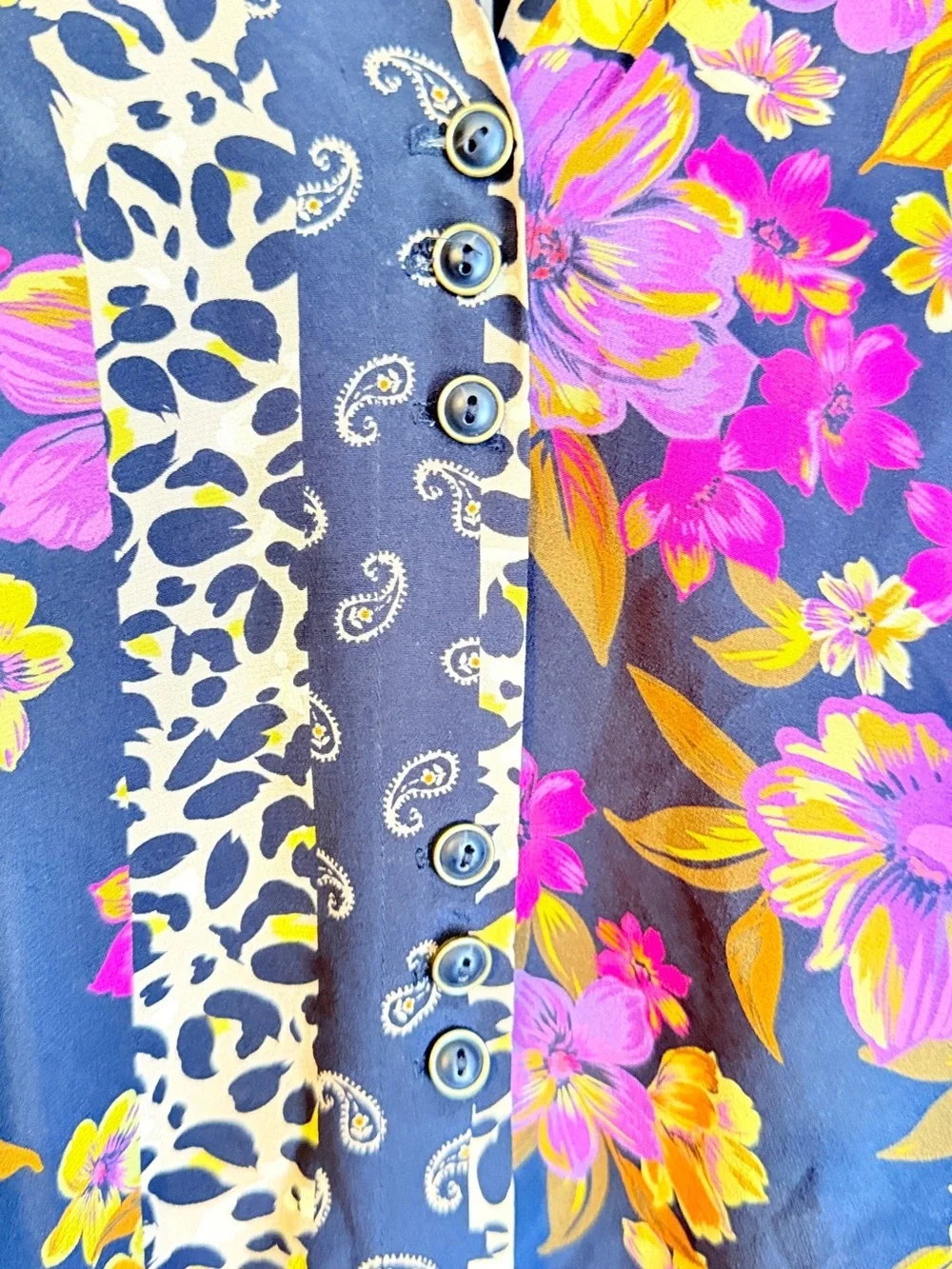 Johnny Was Jade Silk Floral Leopard Patchwork Boho Peasant Blouse XXS